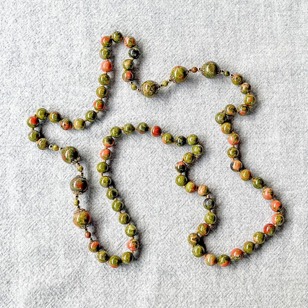 Vintage 1970s Unakite Beaded Mala Necklace - Opera Length - Estate Jewelry